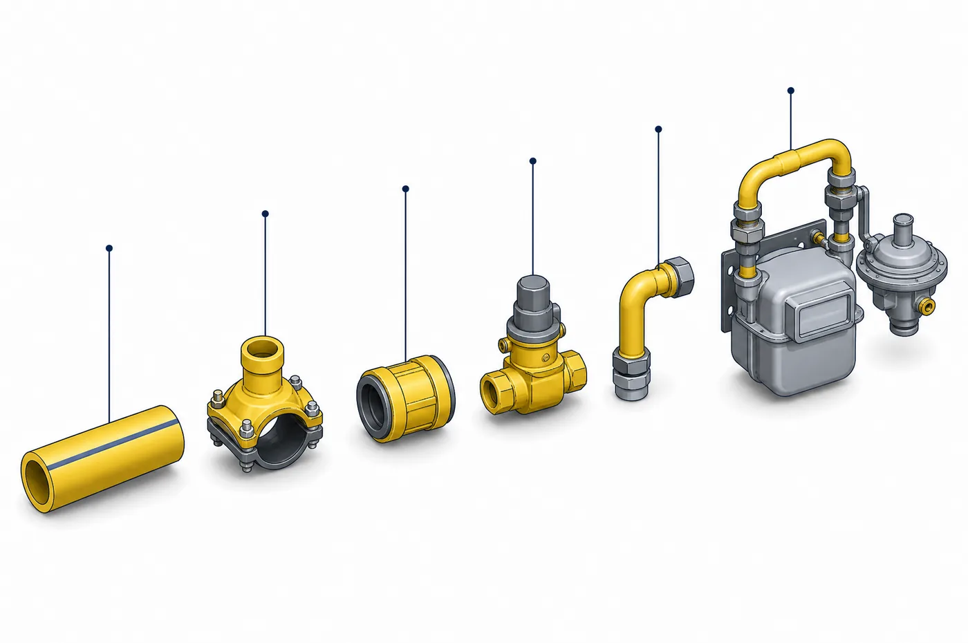 Pipe, tapping tee, coupling, valve, riser and meter set laid out with numbered leaders