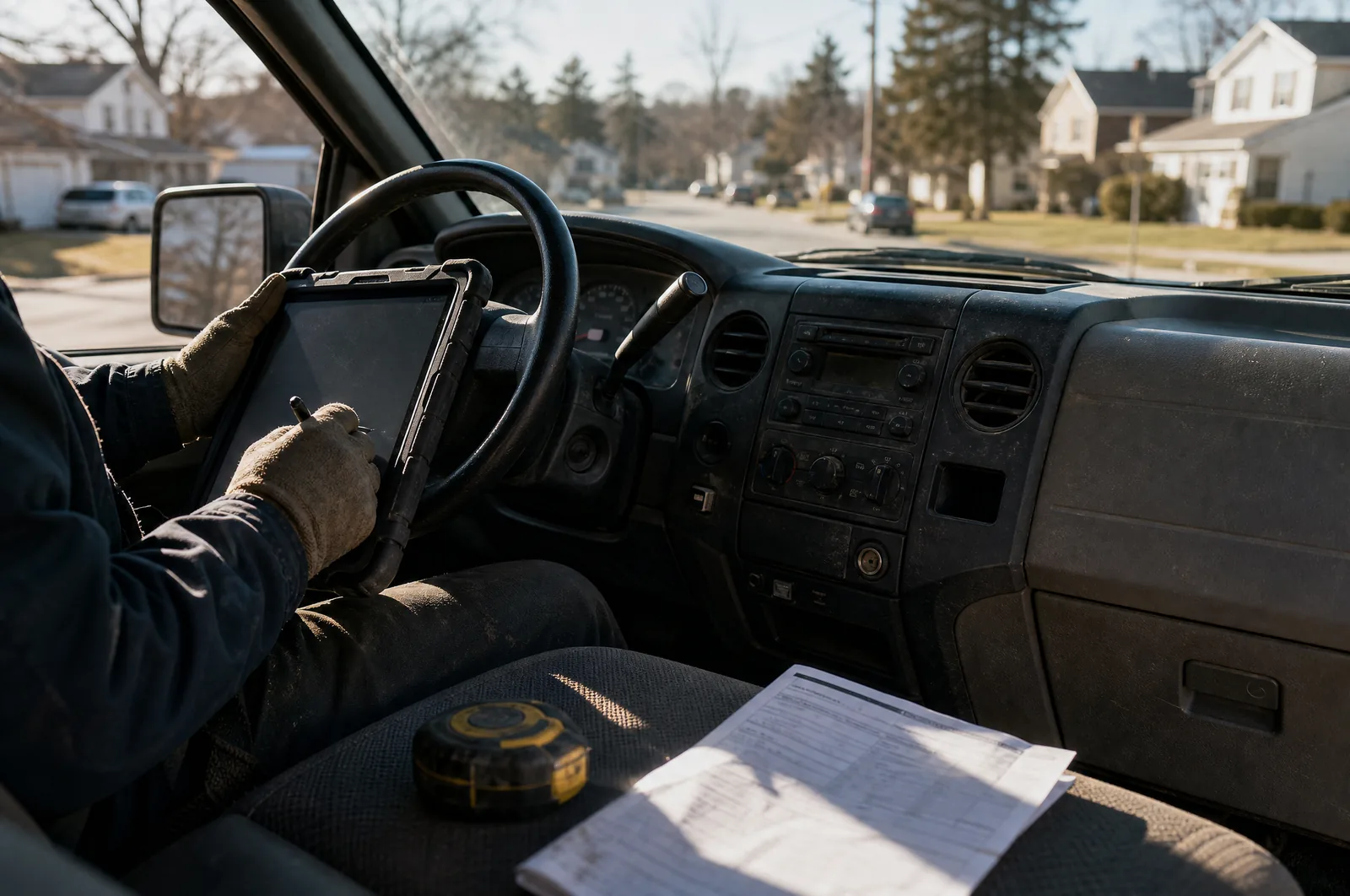 An installer in gloves working on a rugged tablet in a truck cab, paperwork on the seat