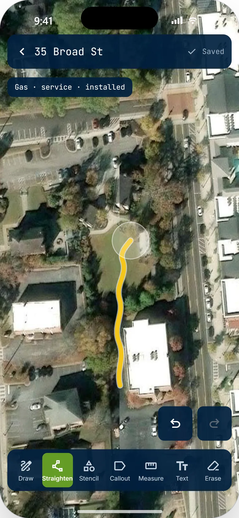 FieldWorX Sketch with a gas service run drawn over satellite imagery at 35 Broad St
