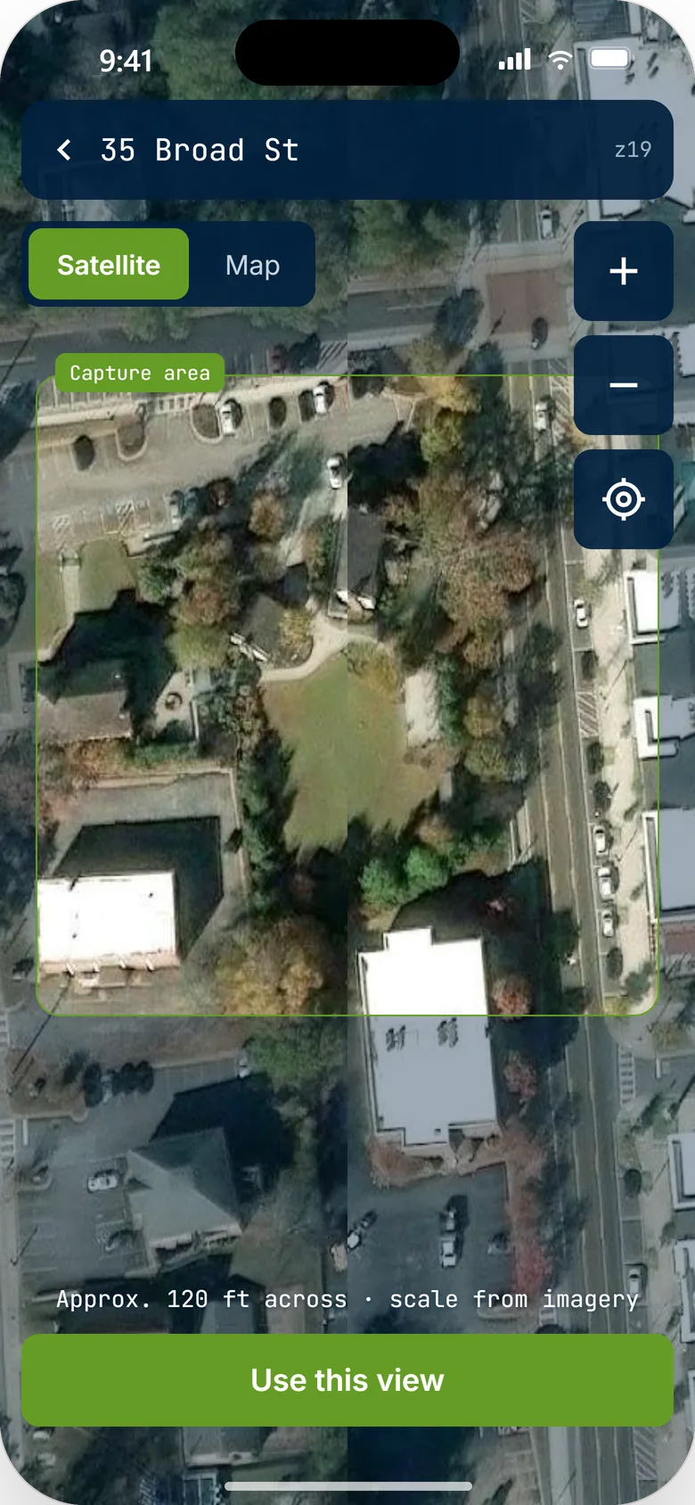 The capture-area screen over satellite imagery at 35 Broad St, roughly 120 ft across