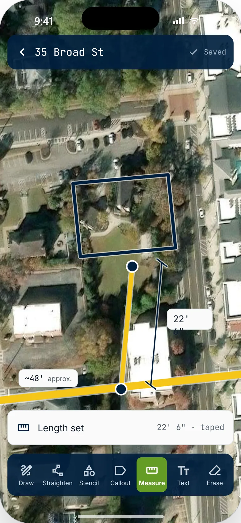 The finished drawing: main along the street, service to the house, structure outlined