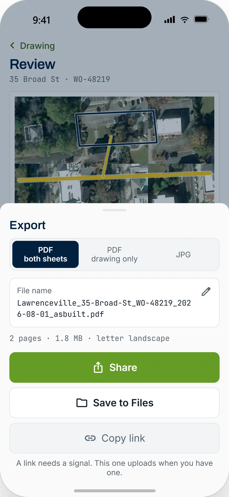 The export sheet with the generated filename and share options