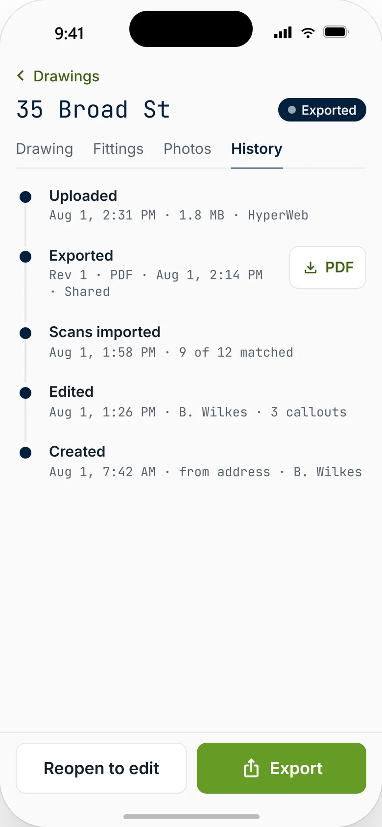 The drawing history showing nine of twelve scans imported and matched to callouts