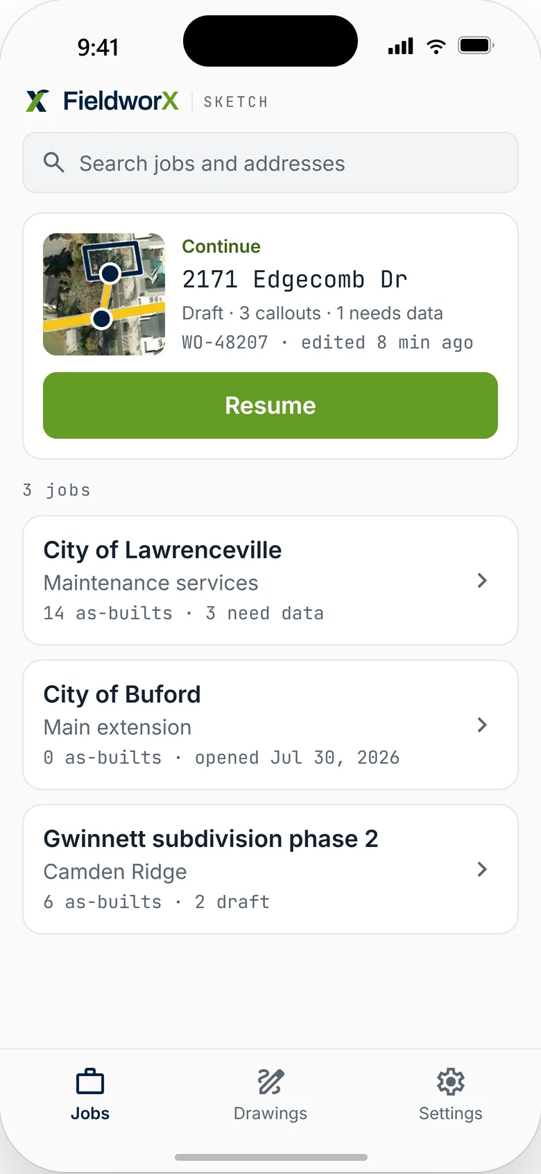 The FieldWorX Sketch jobs list, with 2171 Edgecomb Dr ready to resume