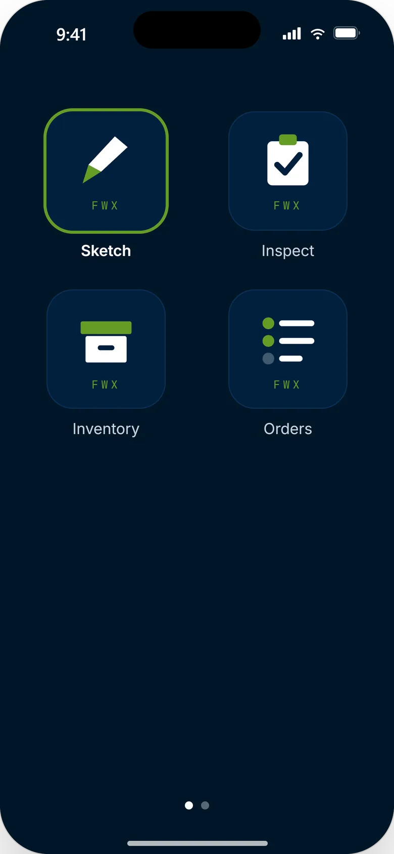 The FieldWorX launcher showing Sketch, Inspect, Inventory and Orders