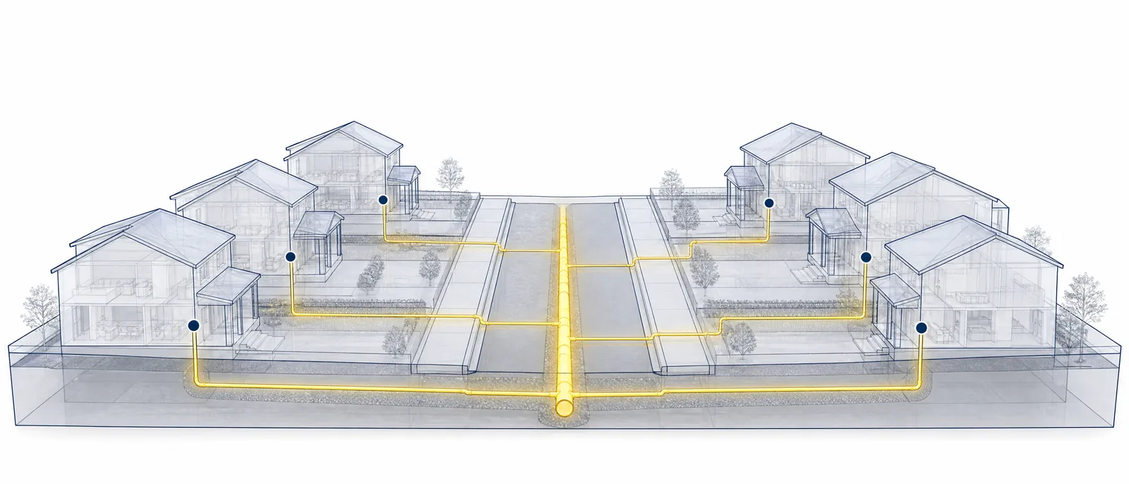 A street cutaway showing one gas main with six service lines running to six houses