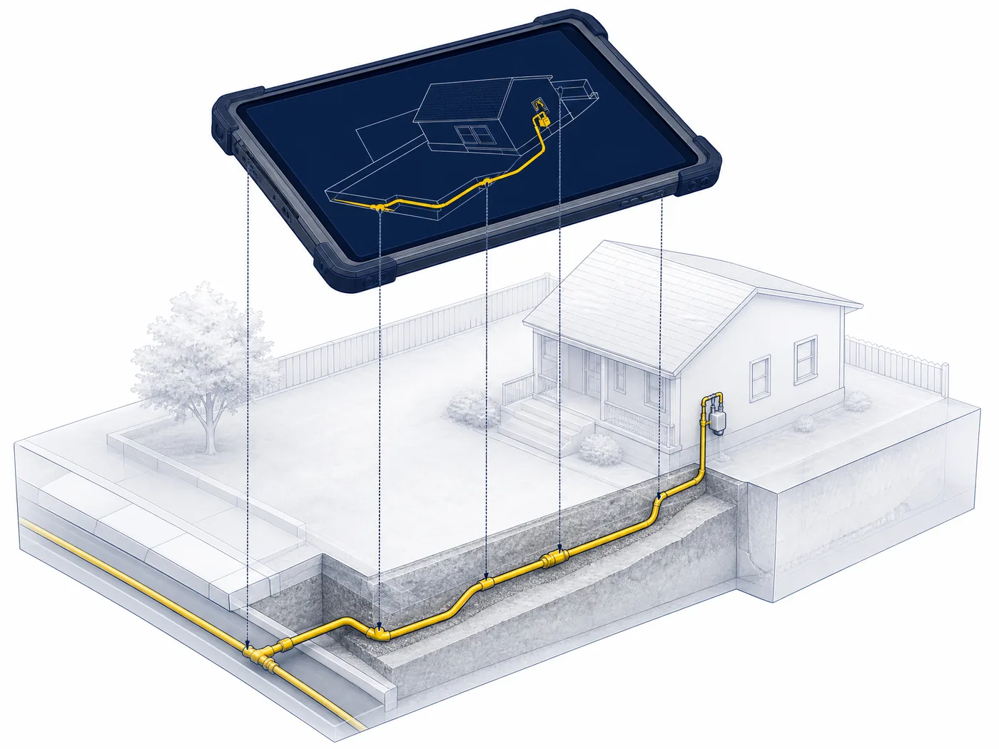 A rugged tablet showing the drawn as-built above a cutaway of the same service line in the ground